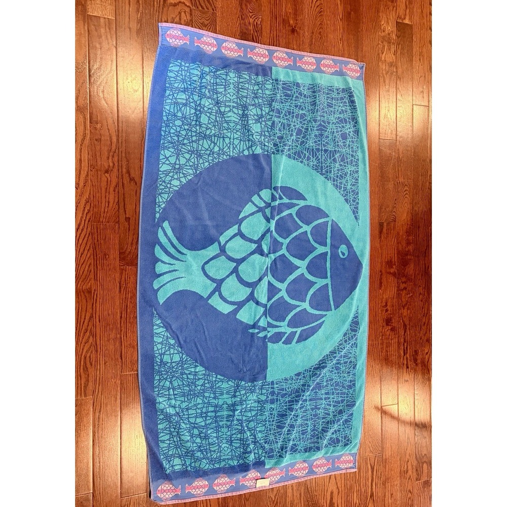Vintage Fish Cotton Beach Towel Blue Pink 35" x 64" Sun Country USA Made 90s